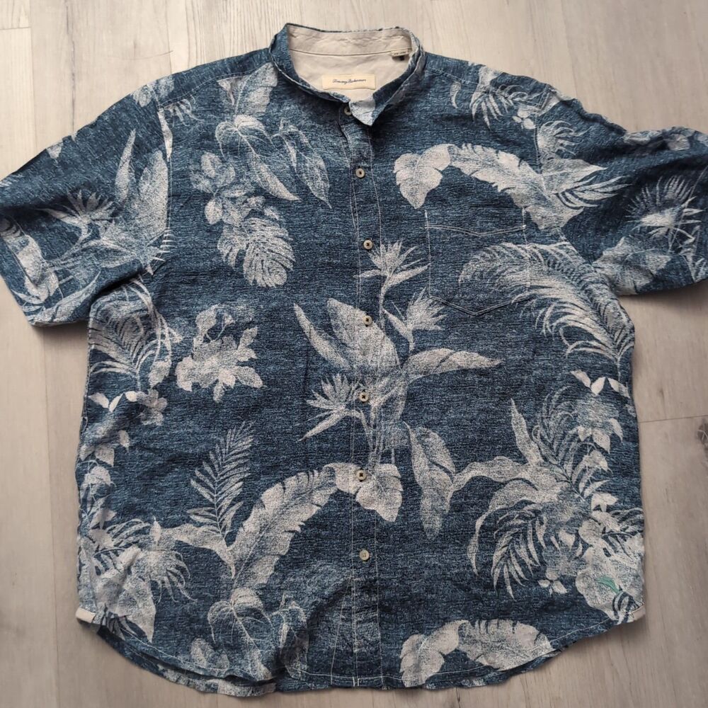 Tommy Bahama 100% Linen Hawaiian Shirt Men XXL Blue Floral Leaves Tropical Aloha